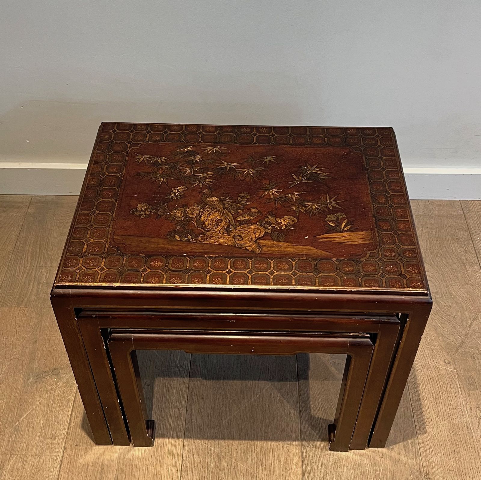 Suite Of Three Lacquered Nesting Tables With Chinese Decors. Around 1940 photo buy
