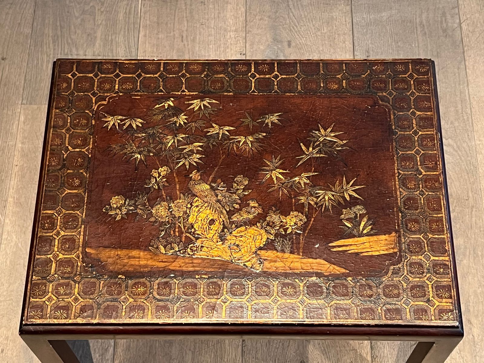 Furniture Suite Of Three Lacquered Nesting Tables With Chinese Decors. Around 1940 photo