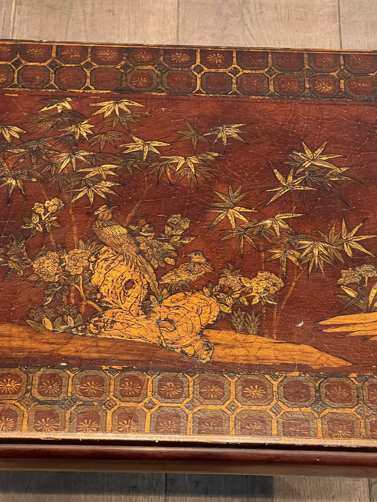 photo buy Suite Of Three Lacquered Nesting Tables With Chinese Decors. Around 1940