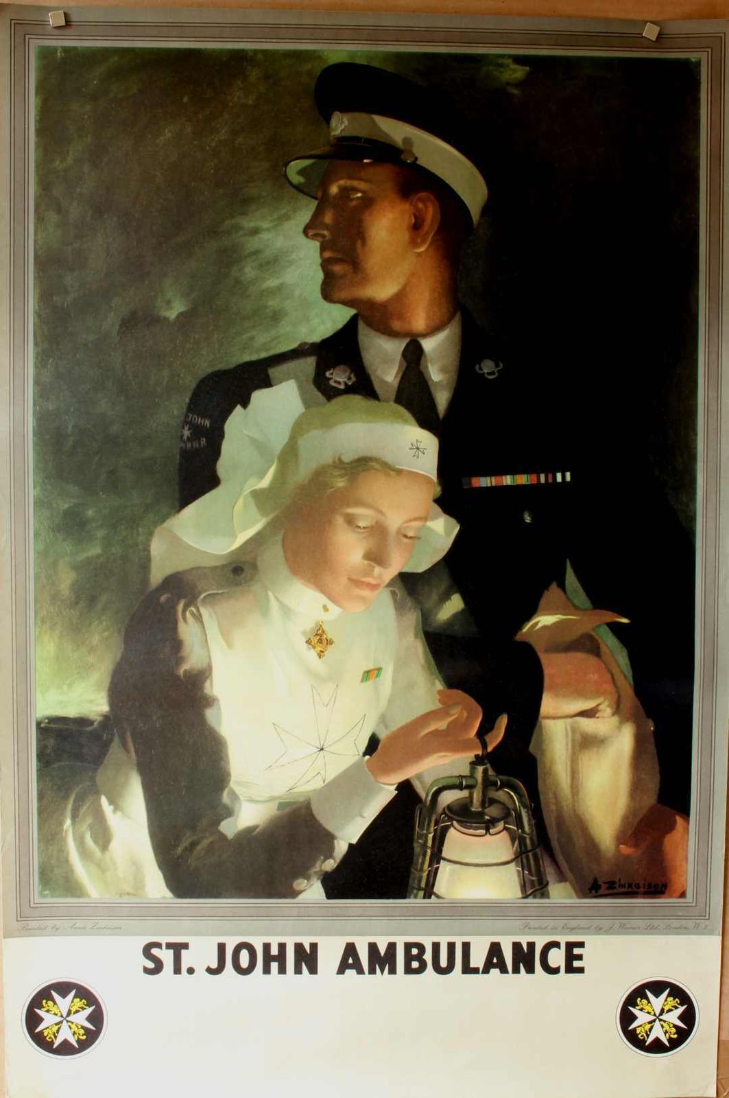 Original Anna Zinkeisen St John Ambulance Lithograph Officer & Nurse Poster. photo furniture