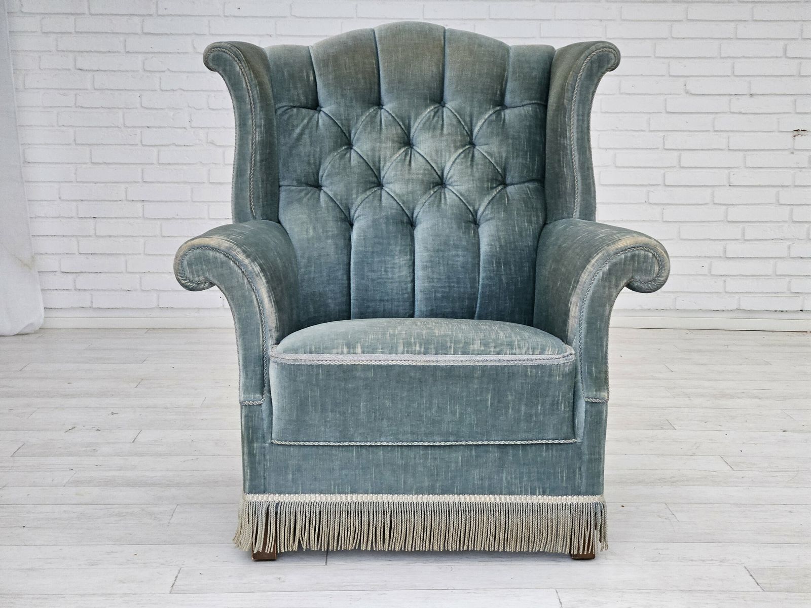 1960s, Danish Wingback Armchair, Light Blue Velour, Original Good Condition. photo furniture