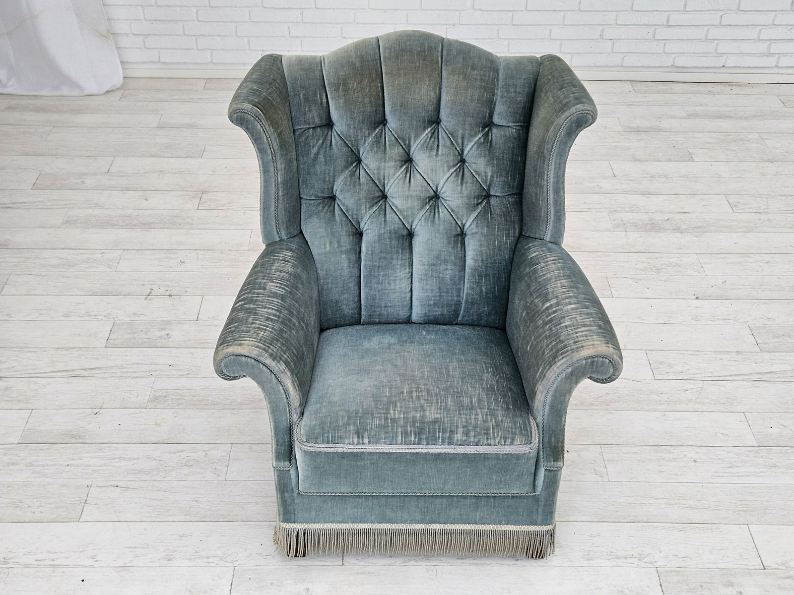 1960s, Danish Wingback Armchair, Light Blue Velour, Original Good Condition. photo Furniture