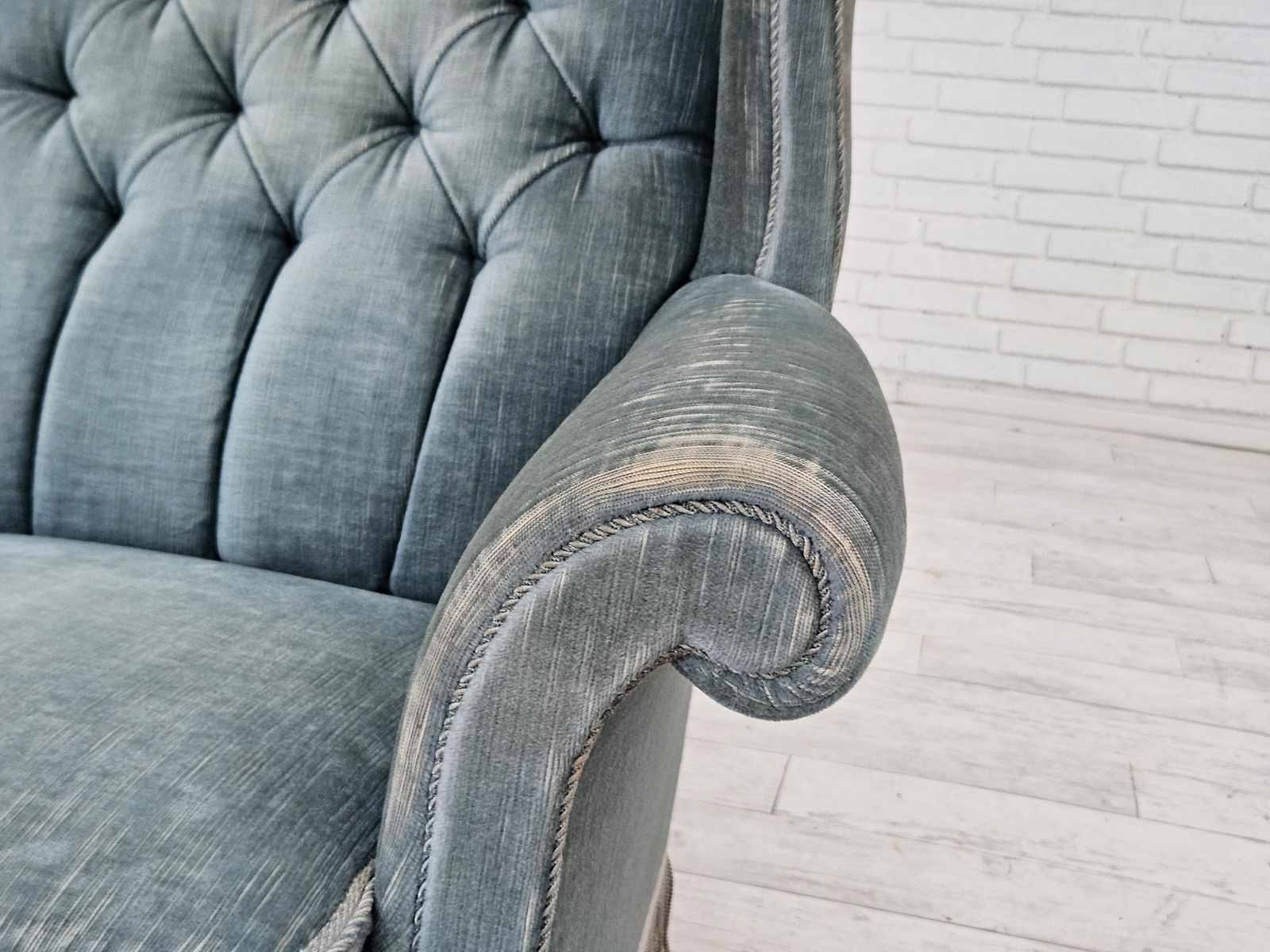 1960s, Danish Wingback Armchair, Light Blue Velour, Original Good Condition. photo 1070.0