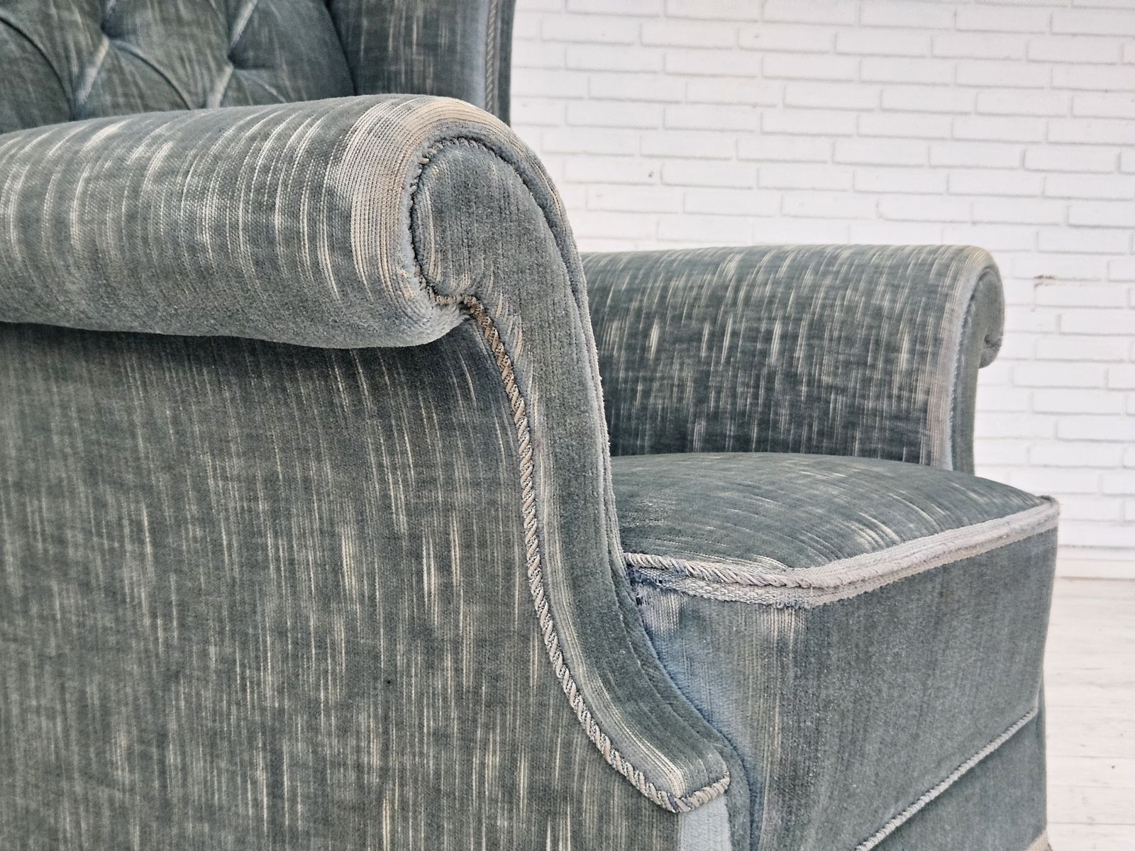 1960s, Danish Wingback Armchair, Light Blue Velour, Original Good Condition. photo vinterior