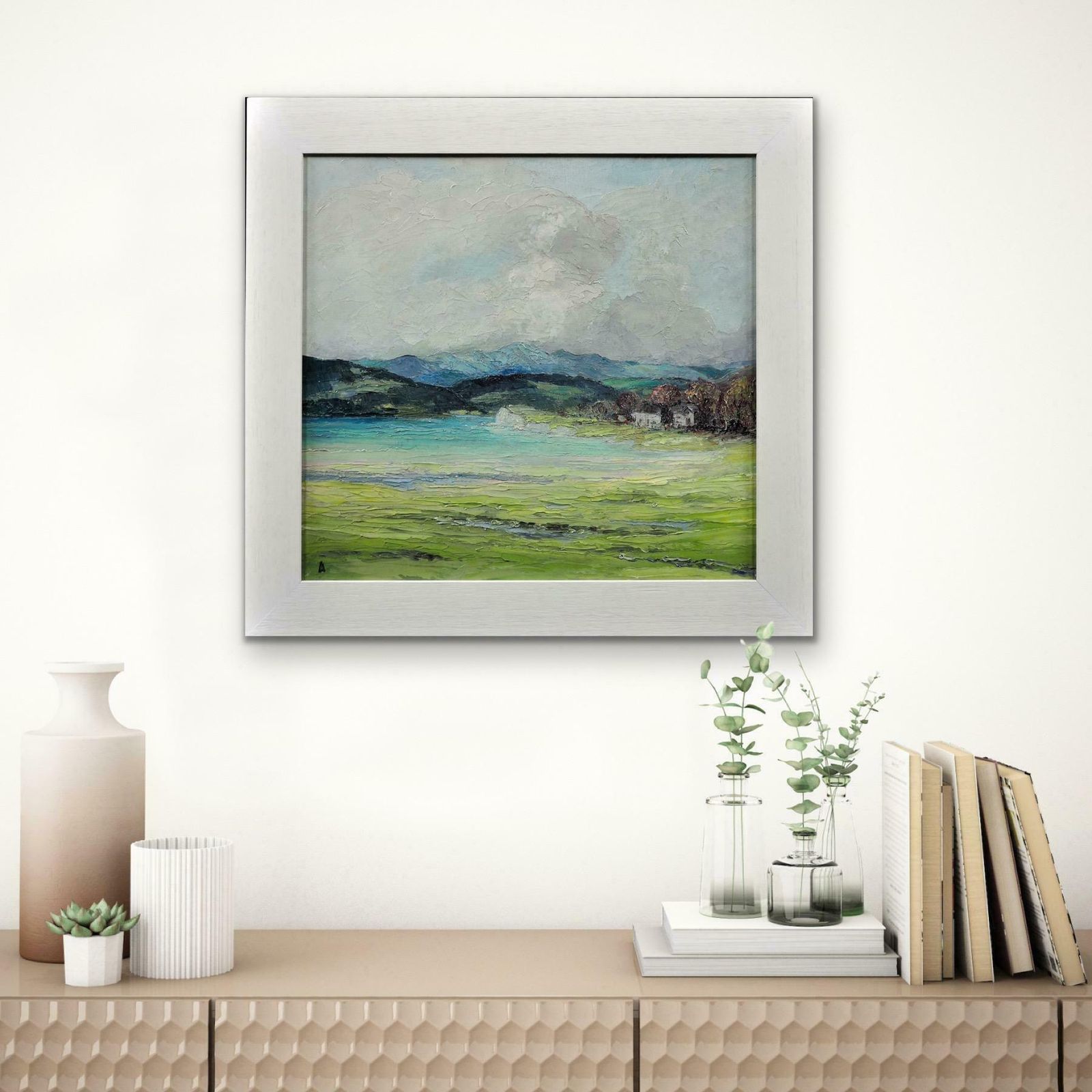 photo buy Helen Layfield Bradley 1900 To 1979. English. Sunshine & Shadows Across The Leven Estuary, 1965. Framed Lake District Landscape Impasto Oil Painting.