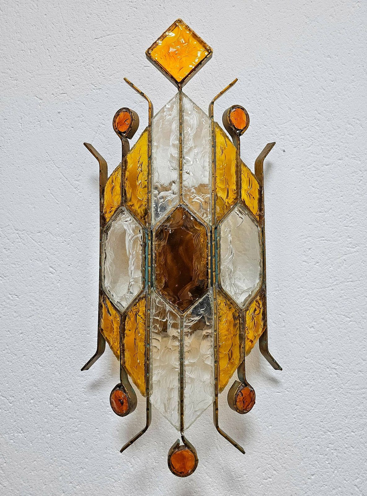 Spectacular Brutalist Sconce Done In Brass And Hammered Glass By Biancardi And Jordan Arte // Made In Italy In 1970s