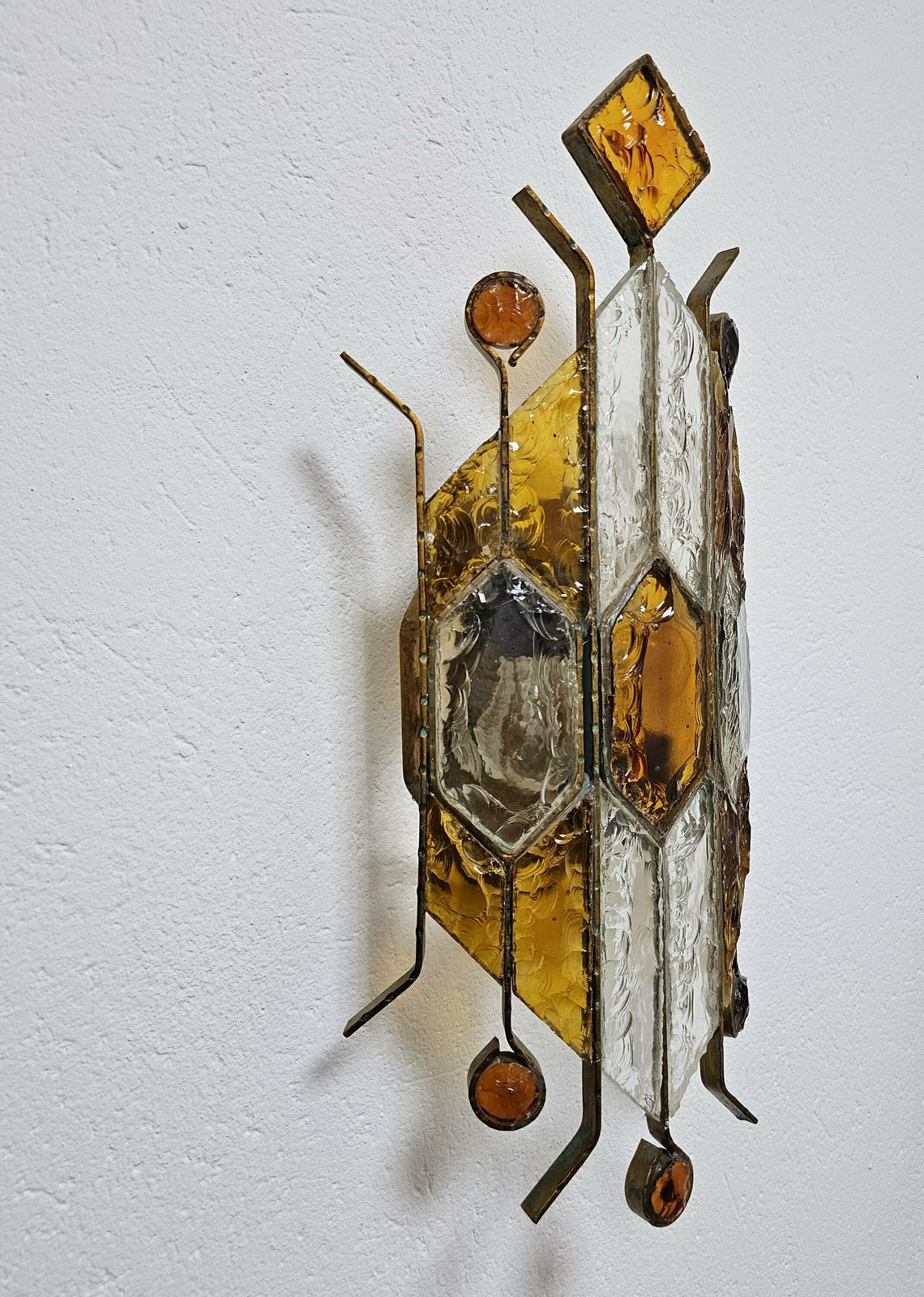 Spectacular Brutalist Sconce Done In Brass And Hammered Glass By Biancardi And Jordan Arte // Made In Italy In 1970s photo Lighting