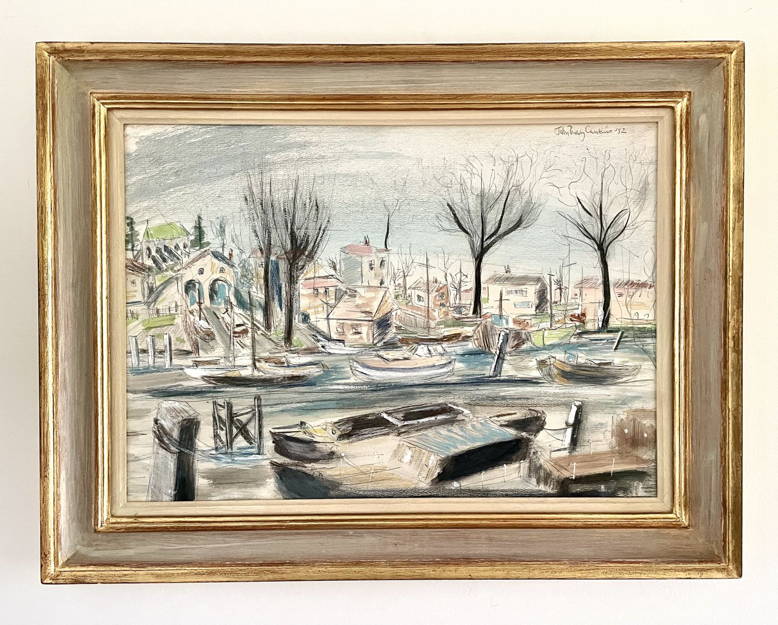 Paddy Carstairs   Modern British Watercolour Landscape Of Boats At Teddington Lock photo furniture