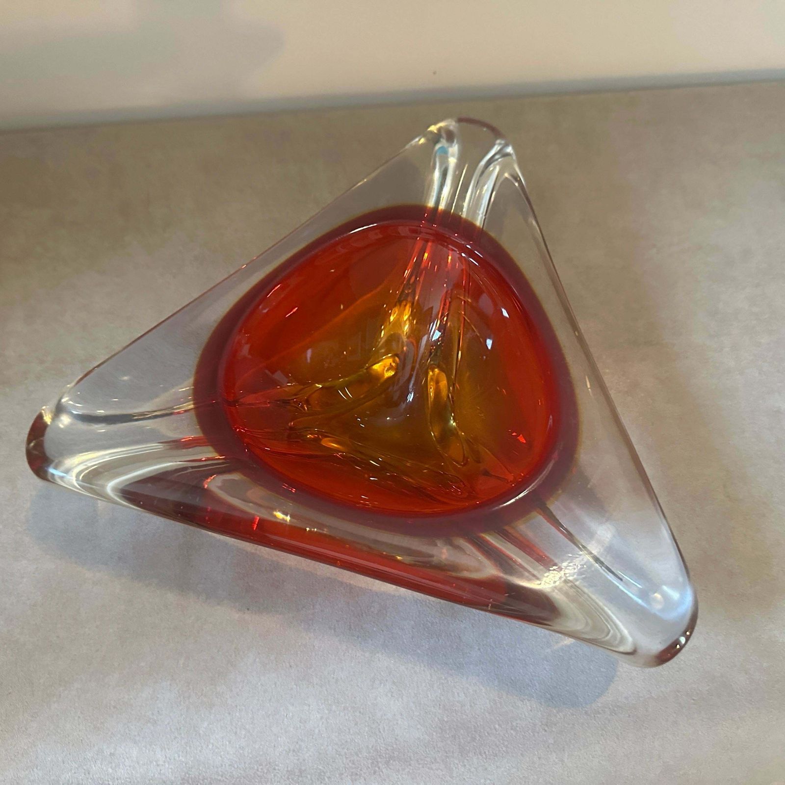 A 1960s Modernist Red Sommerso Murano Glass Large Triangular Ashtray By Seguso photo Home Decor