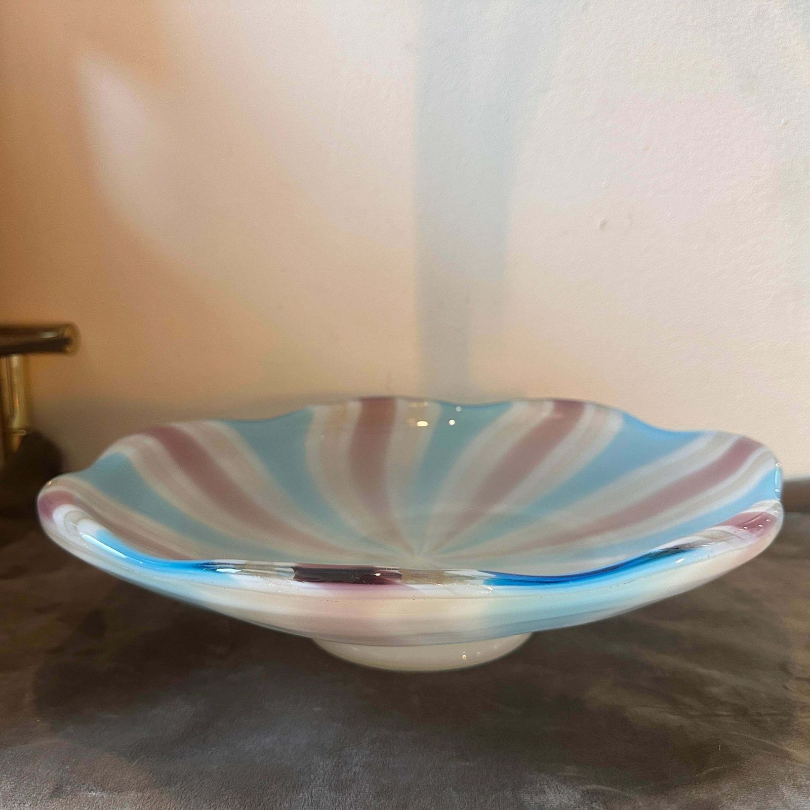 1970s Venini Style Mid Century Modern Striped Murano Glass Round Bowl photo furniture