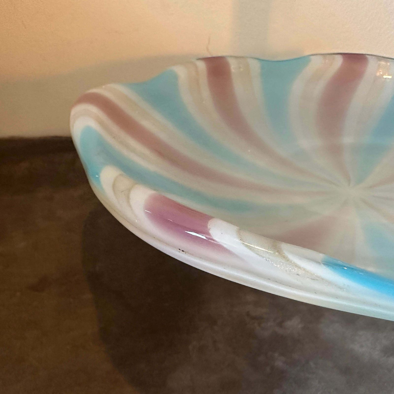 1970s Venini Style Mid Century Modern Striped Murano Glass Round Bowl photo vintage