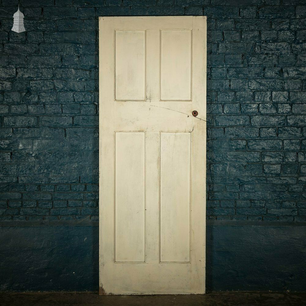 Pitch Pine Panelled Door, 4 White Painted Moulded Panels