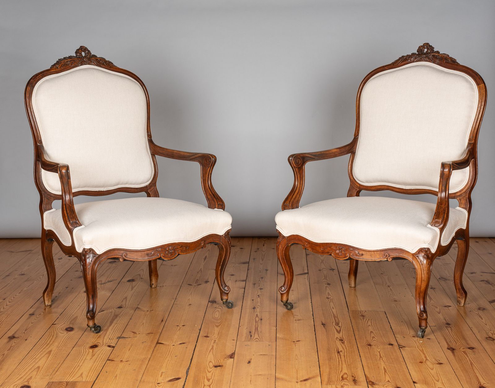 Pair Of Large 19th Century French Louis XV Style Walnut Upholstered Armchairs