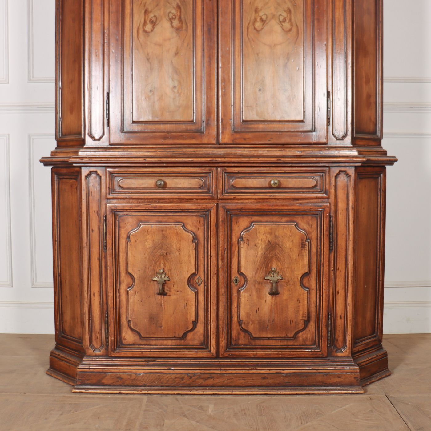 Early 20th C Italian Walnut 4 Door / 2 Drawer Cupboard. Fabric Interior Can Be Removed If Needed. 1920. photo for sale
