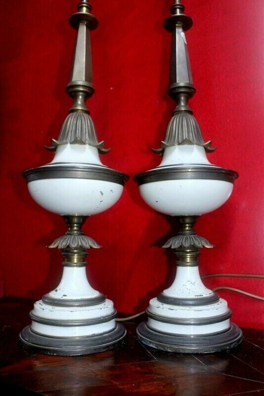 photo for sale Antique 1960s Pair Of Stiffel Brass Torchiere Table Lamps