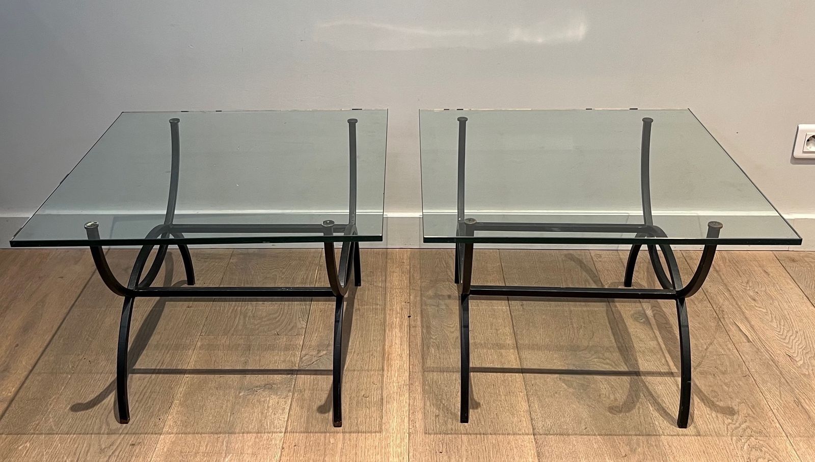 photo vinterior Pair Of Sofa Ends In Black Lacquered Metal. French Work. Around 1950