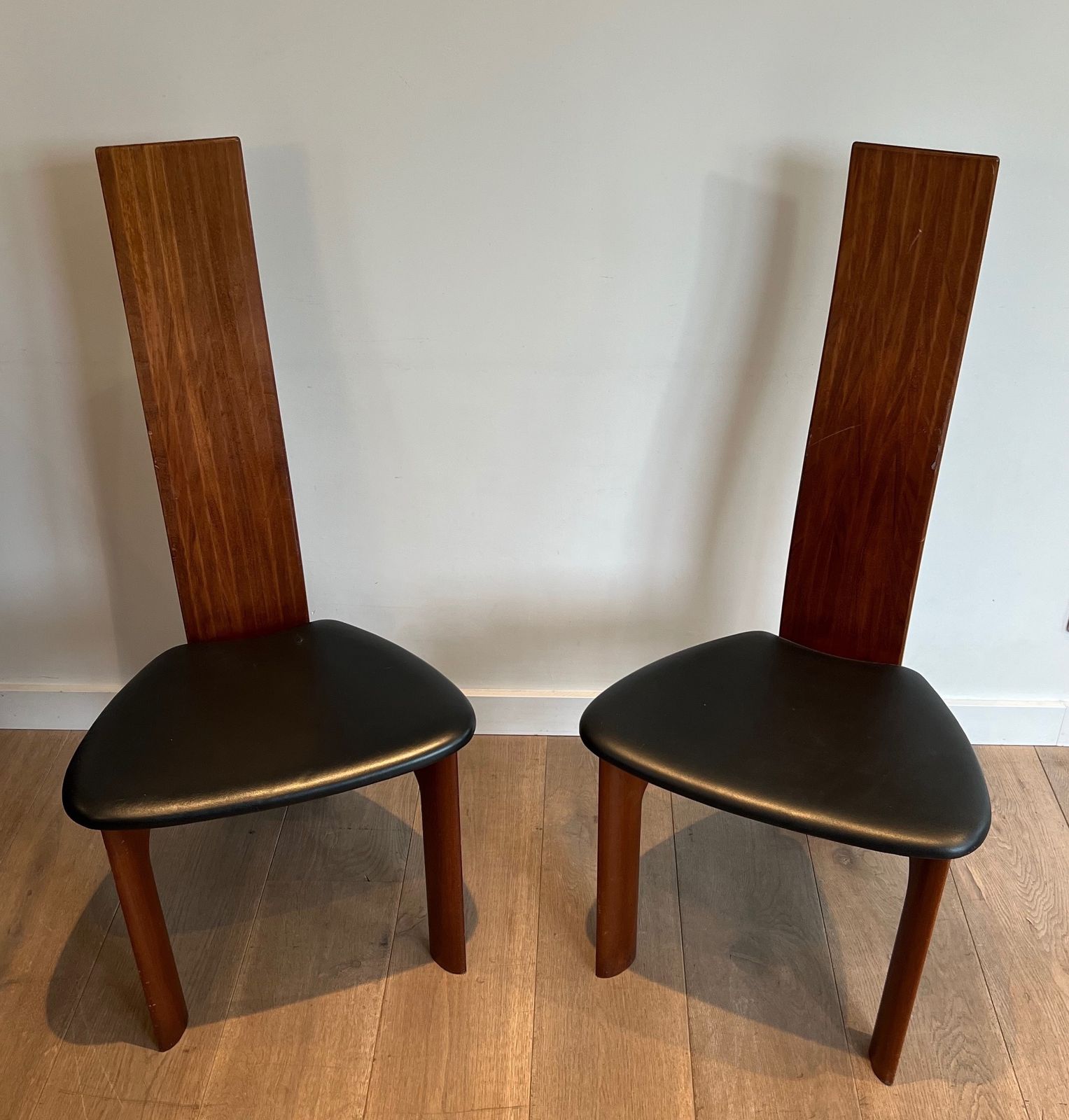 Pair Of Chairs In Exotic Wood And Leather. Scandinavian Work. Around 1970