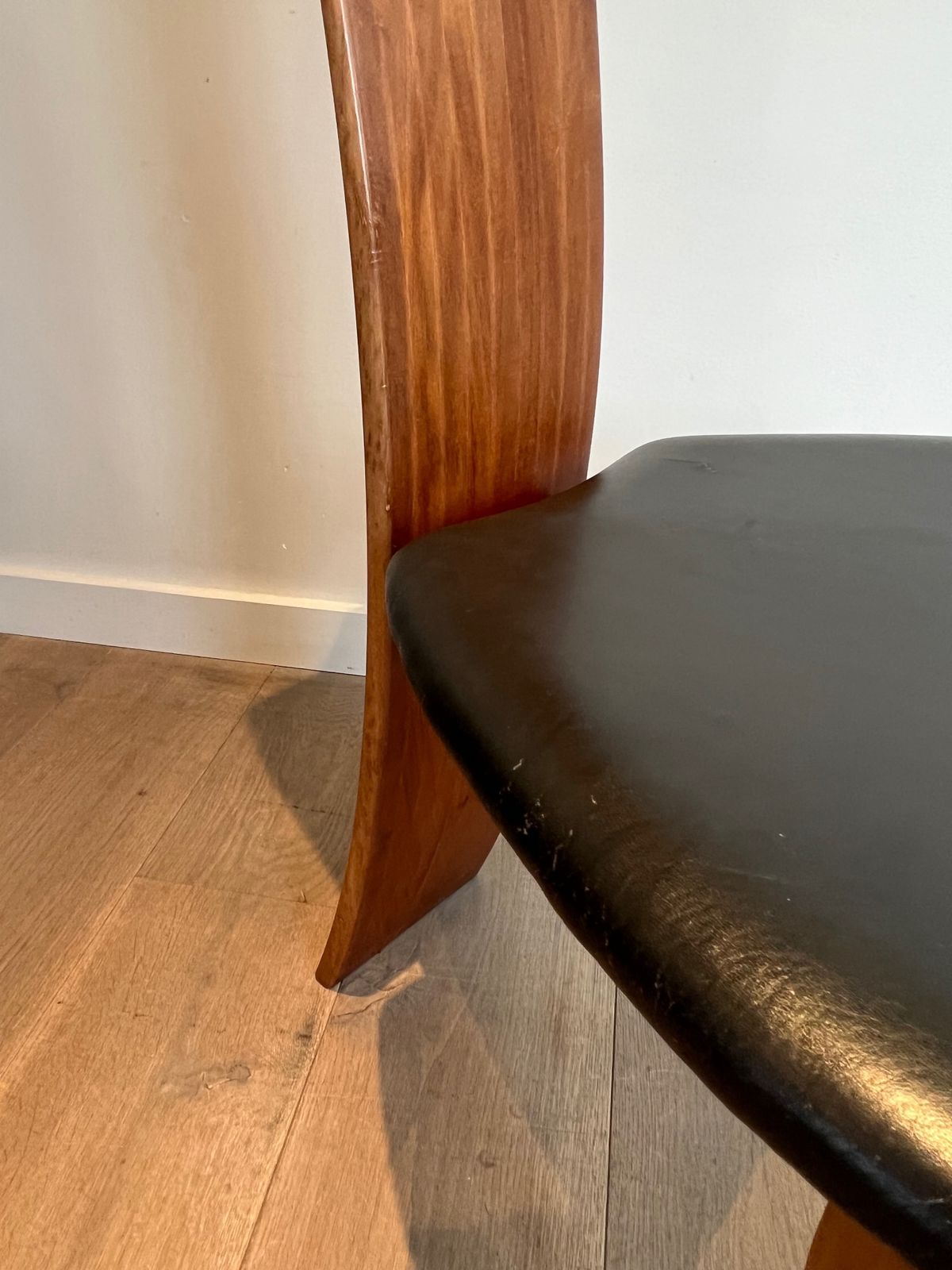 photo vintage Pair Of Chairs In Exotic Wood And Leather. Scandinavian Work. Around 1970