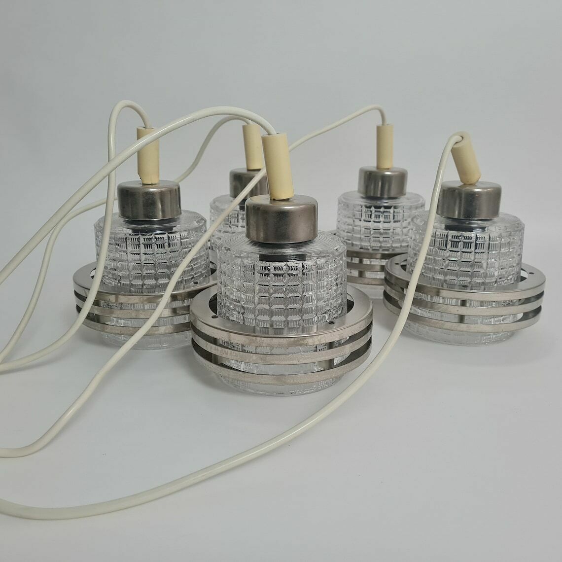Vintage Cascading Pending Lamp Pendant 5 Lights Metal And Glass Mid Century Modern Design Chandelier Czechoslovakia 1970s photo vinterior