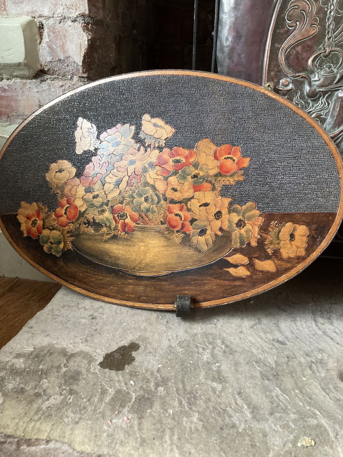 Pair Of Vintage Floral Painted And Poker Art Wall Hangings photo furniture