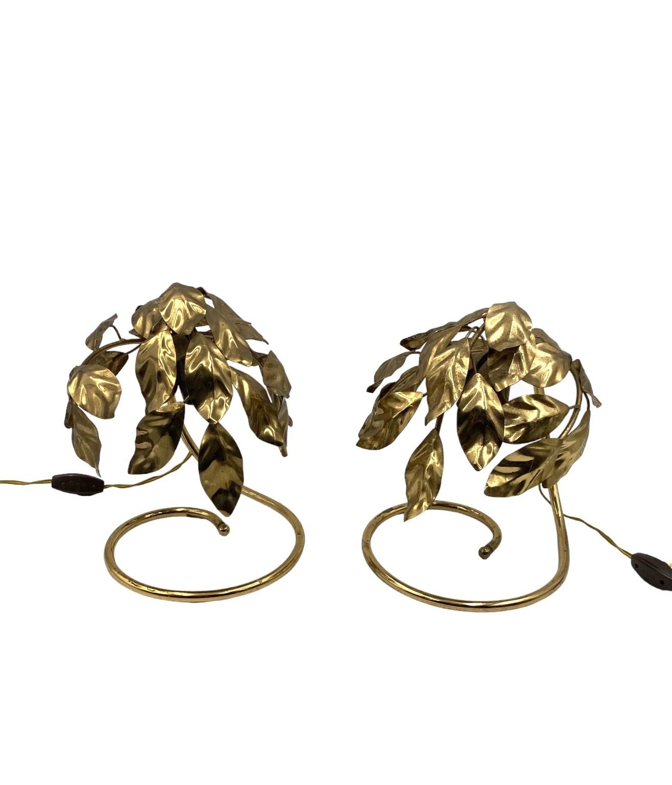 Hollywood Regency Set Of 2 Brass Leaves Table Lamps, Bottega Gadda Italy, 1970s photo for sale