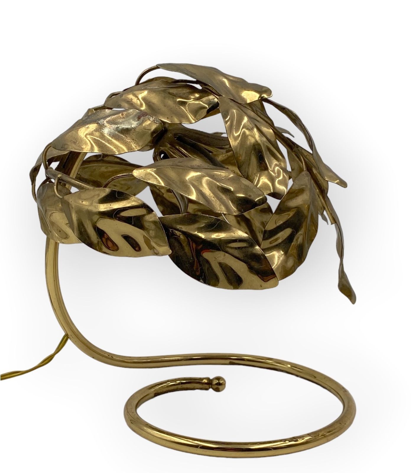 Lighting Hollywood Regency Set Of 2 Brass Leaves Table Lamps, Bottega Gadda Italy, 1970s photo