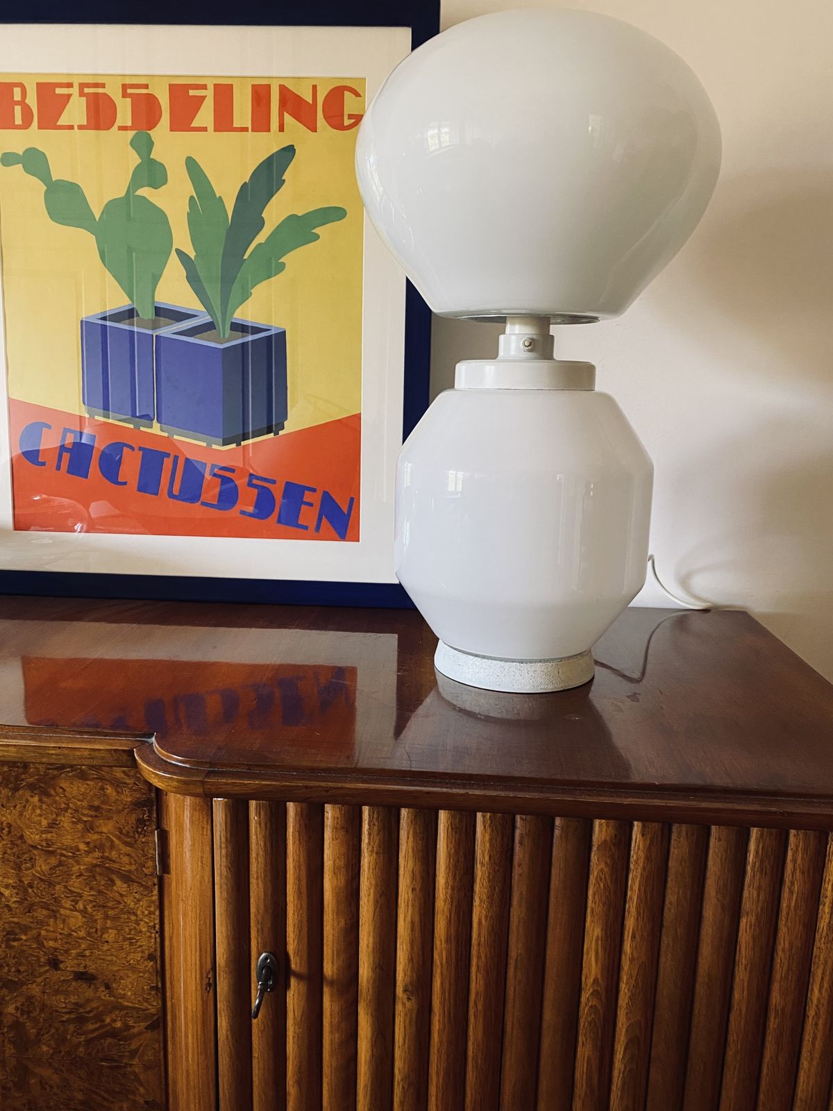 Lighting Space Age White Glass Table Lamp, Faver Italy 1970s photo