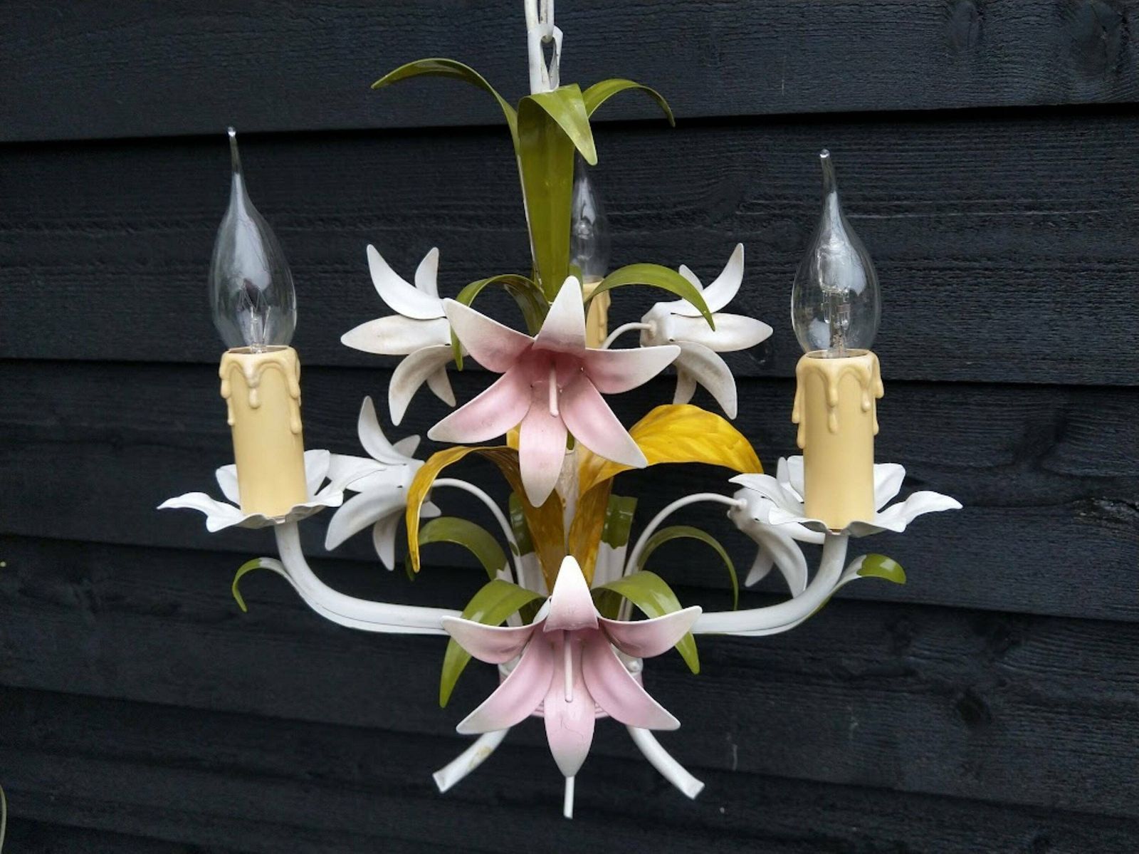 French Tole Chandelier Pink Lilies With Green Leaves 3 Arms, French Brocante Flower Chandelier, Nursery Or Girl Room Chandelier photo furniture