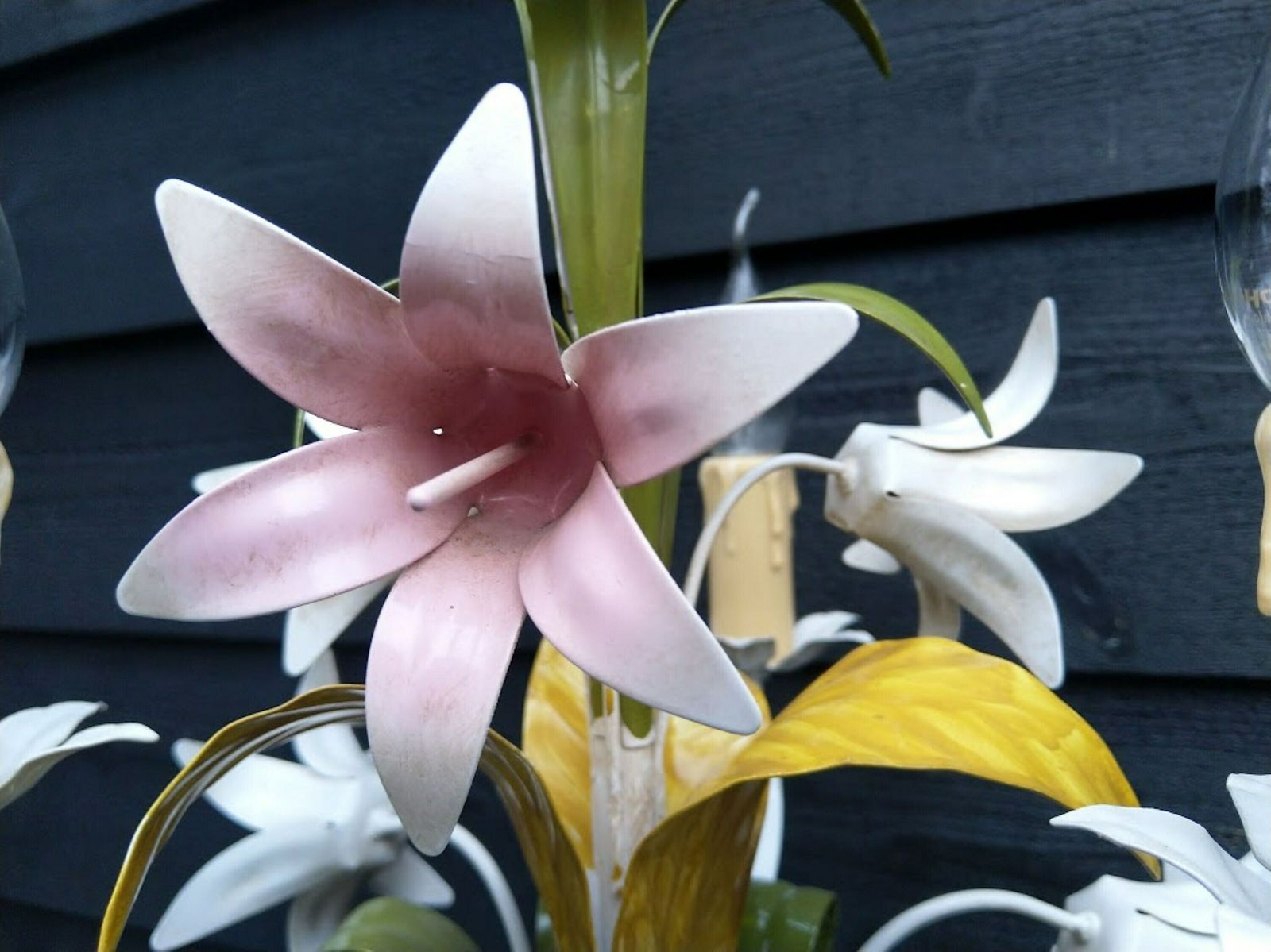 French Tole Chandelier Pink Lilies With Green Leaves 3 Arms, French Brocante Flower Chandelier, Nursery Or Girl Room Chandelier photo 290.0