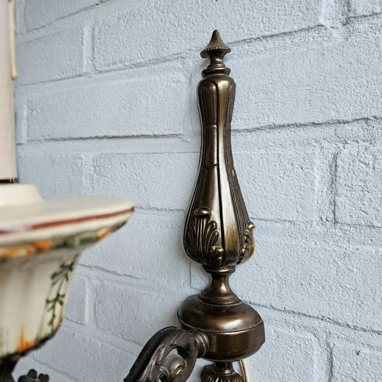 Pair Farmhouse Wall Light Sconces Brass And Hand Painted Ceramic, With Cream Lampshades, Cord And Plug, Cottage Core Sconces Set Of 2 photo vinterior
