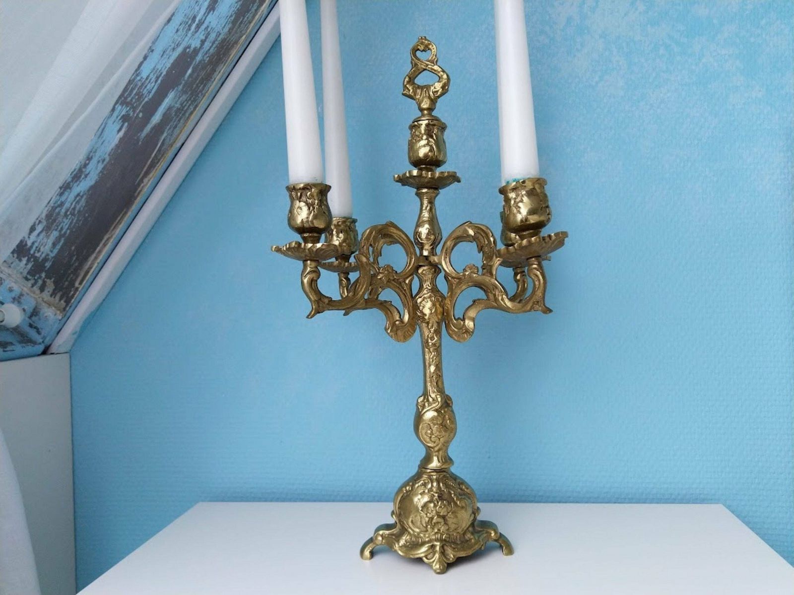 Baroque Gilded Bronze Candelabra With Snuffer 5 Candles Centerpiece, Fireplace Gold Candelabra Christmas, Wedding Candle Holder