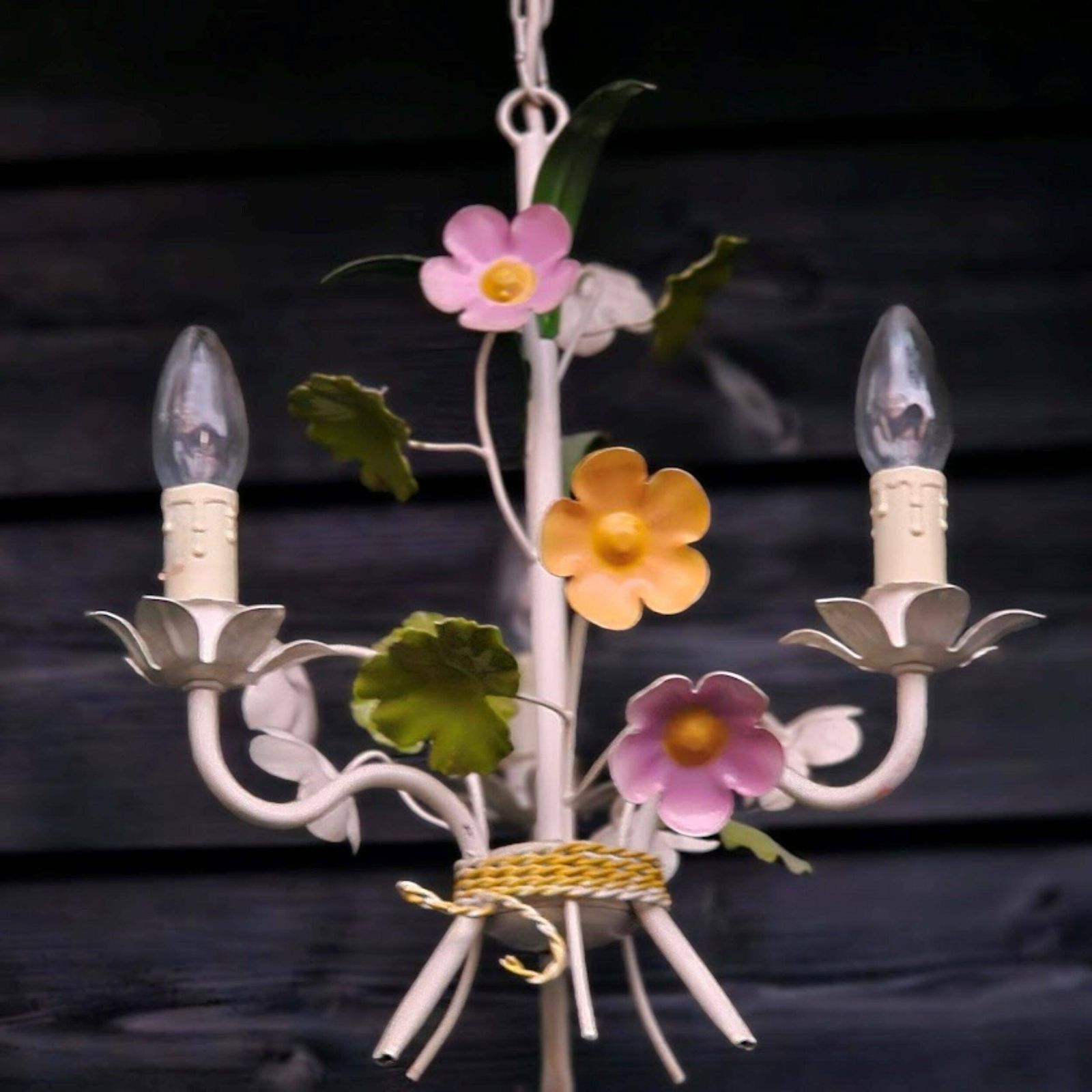 French Tole Chandelier Flowers Pink And Yellow With Green Leaves 3 Arms, Girl Room Chandelier, Nursery Chandelier