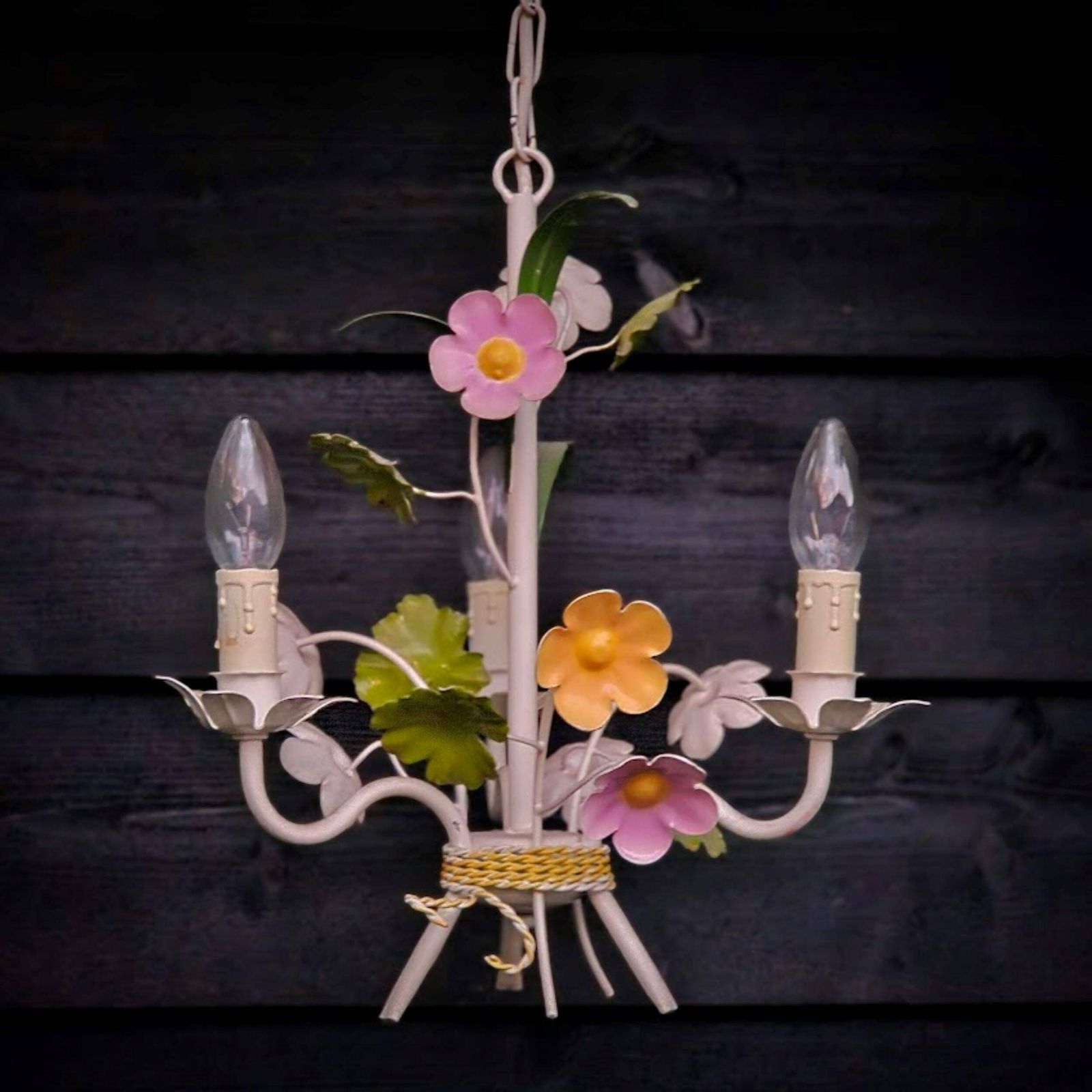 French Tole Chandelier Flowers Pink And Yellow With Green Leaves 3 Arms, Girl Room Chandelier, Nursery Chandelier photo Lighting