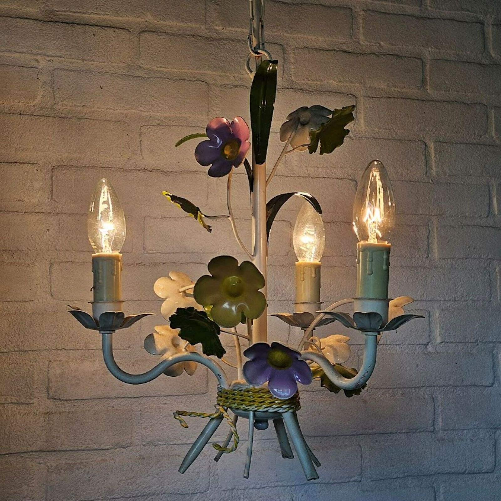 French Tole Chandelier Flowers Pink And Yellow With Green Leaves 3 Arms, Girl Room Chandelier, Nursery Chandelier photo buy