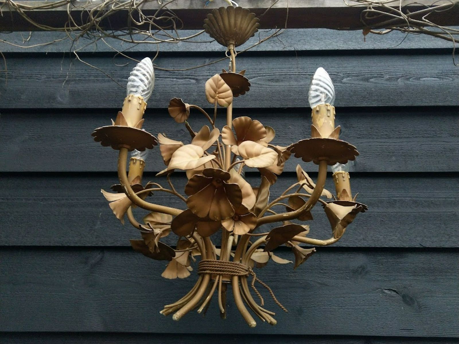 Italian Tole Chandelier With Flowers And Leaves 5 Arms Copper/Old Gold Color, Hollywood Regency Style, Wedding Chandelier photo Lighting