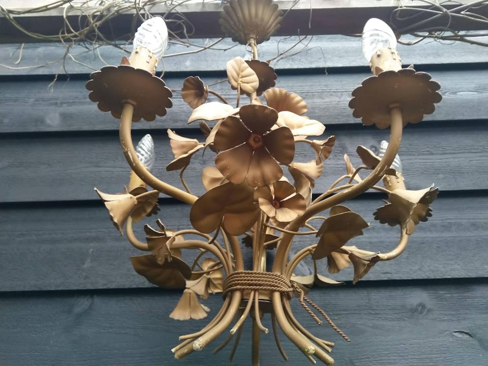 Italian Tole Chandelier With Flowers And Leaves 5 Arms Copper/Old Gold Color, Hollywood Regency Style, Wedding Chandelier photo buy