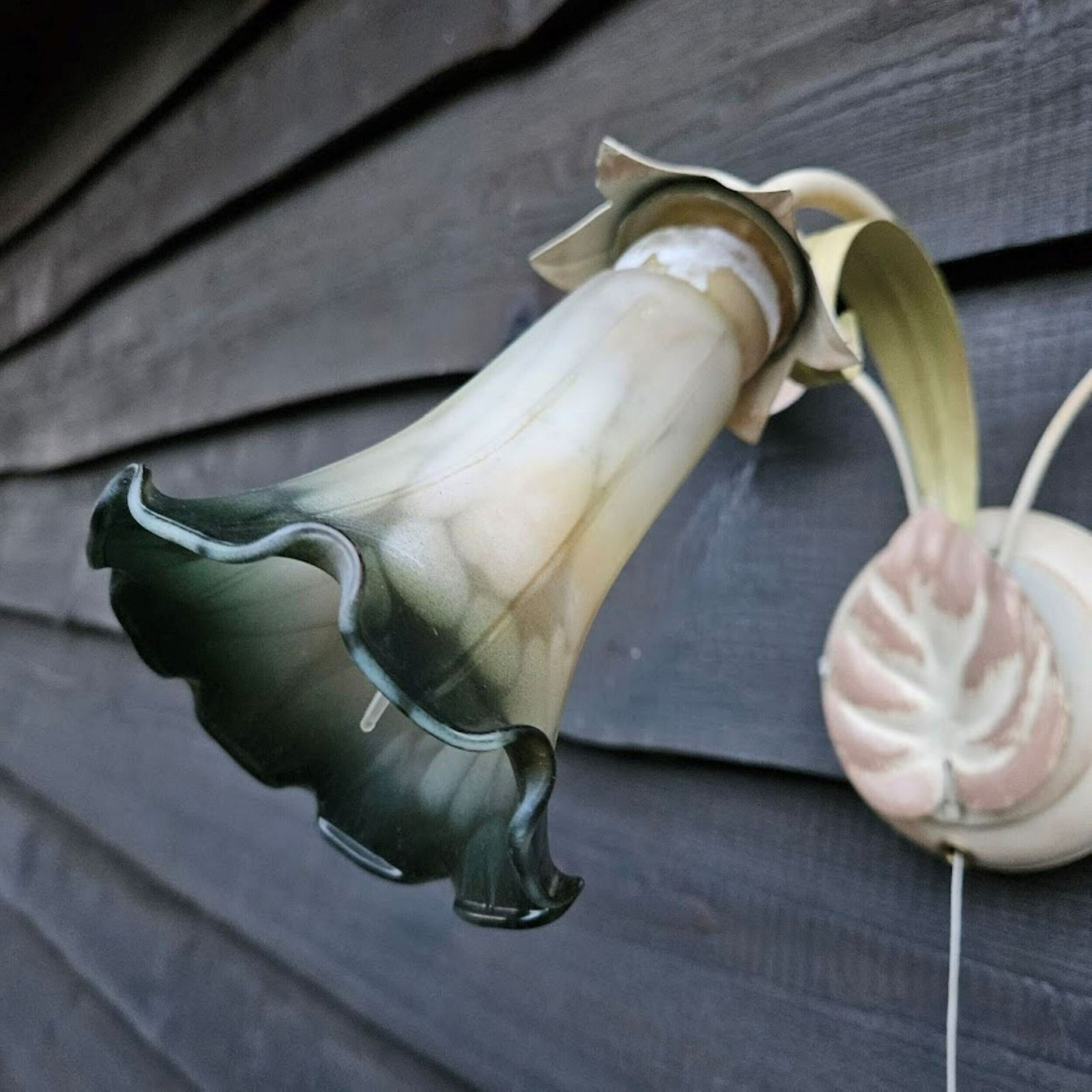 Pair Of Italian Tole Wall Sconces Light With Leaves And Lampshades Murano Glass Flowers In Shades Of Green Cream, With Switch photo 258.0