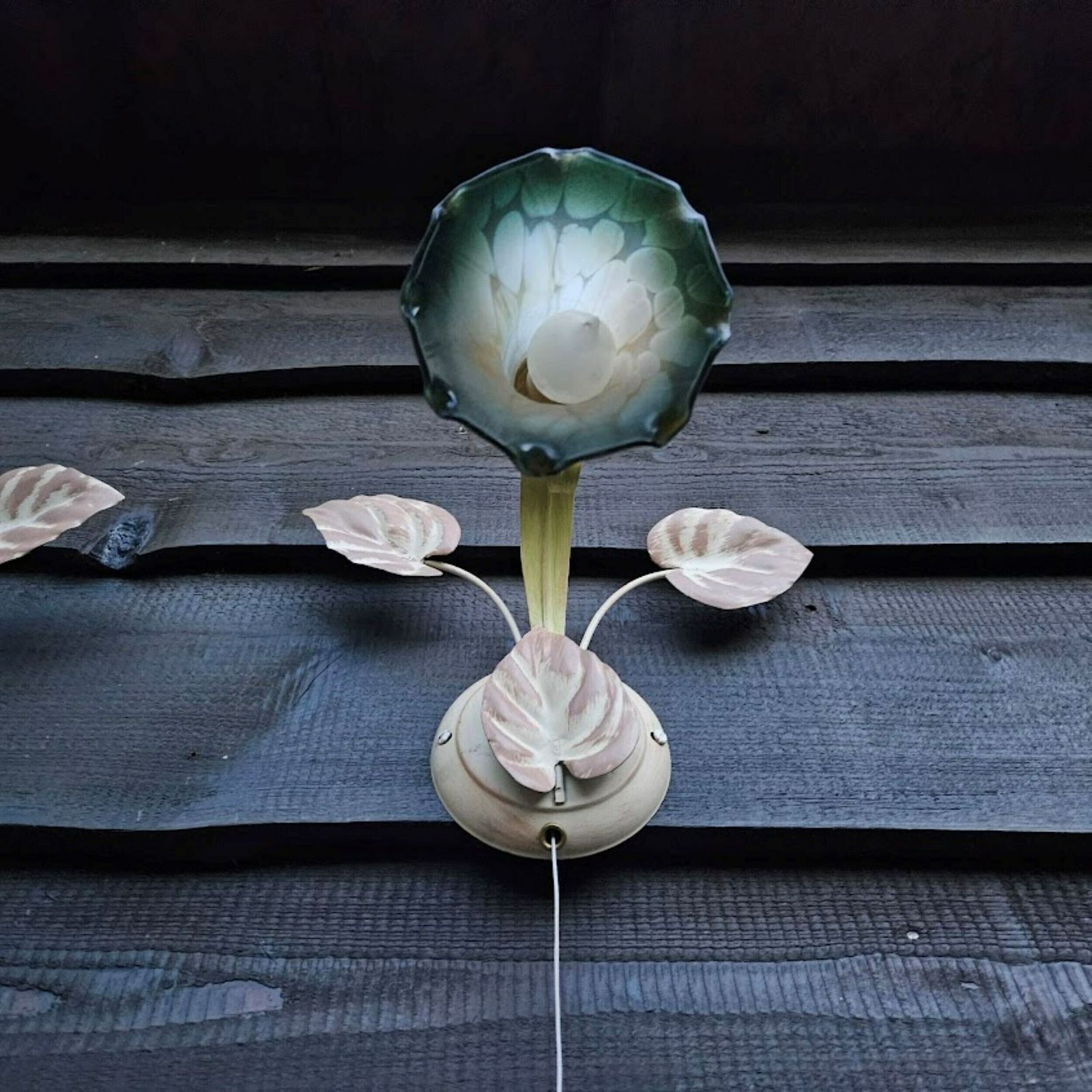 Pair Of Italian Tole Wall Sconces Light With Leaves And Lampshades Murano Glass Flowers In Shades Of Green Cream, With Switch photo vinterior