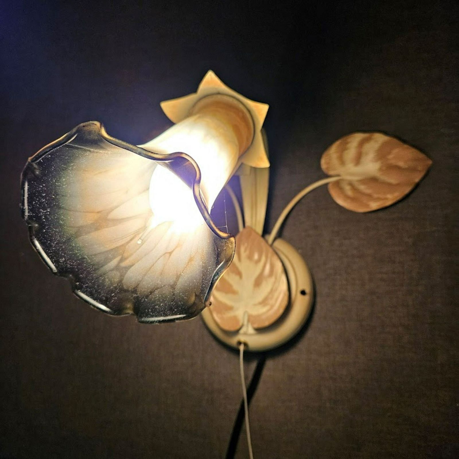 photo for sale Pair Of Italian Tole Wall Sconces Light With Leaves And Lampshades Murano Glass Flowers In Shades Of Green Cream, With Switch
