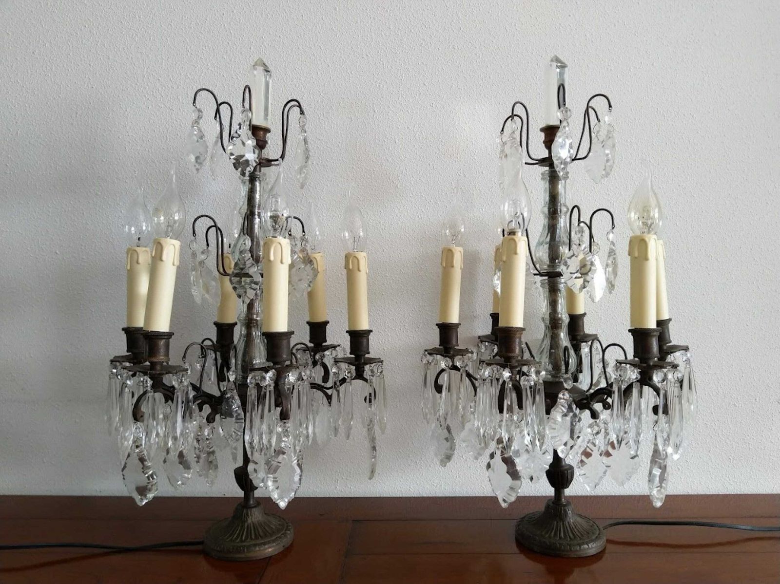 Antique Pair Of Large French Girandole Electrified, Table Lamps With Crystals, 6 Bulbs, Switch And Plug