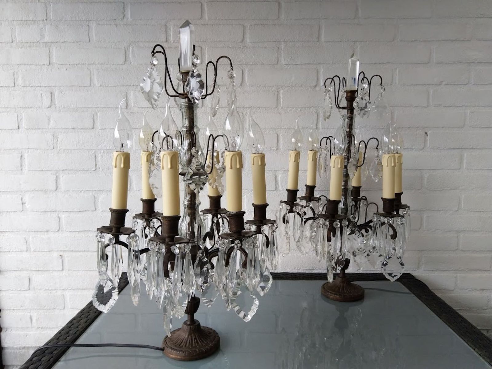Antique Pair Of Large French Girandole Electrified, Table Lamps With Crystals, 6 Bulbs, Switch And Plug photo for sale