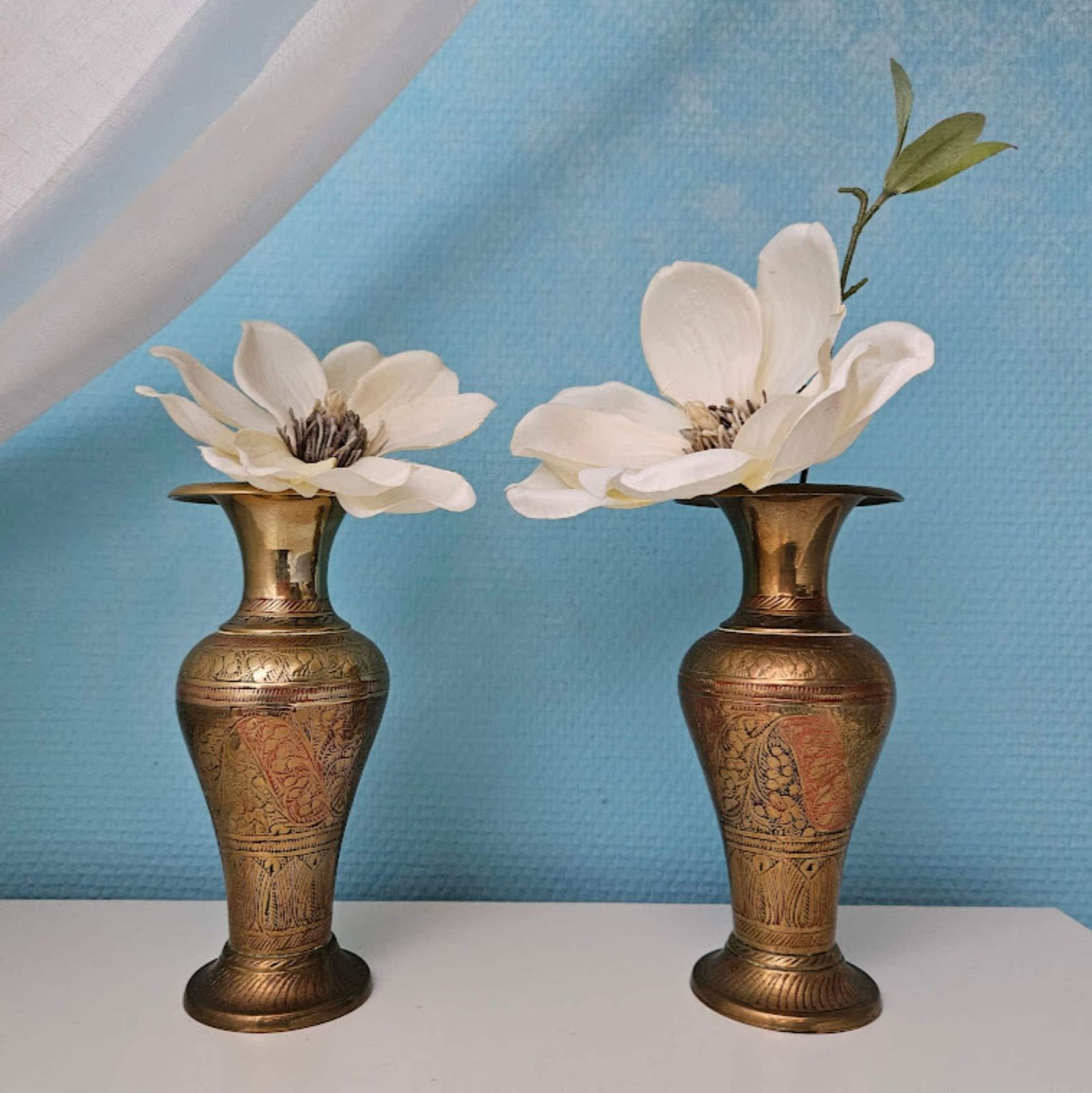 Pair Of Gold Vases Engraved Brass 7" , New Home Gift, Brass Anniversary Gift, Asian Brass Vases, Oriental India Vases