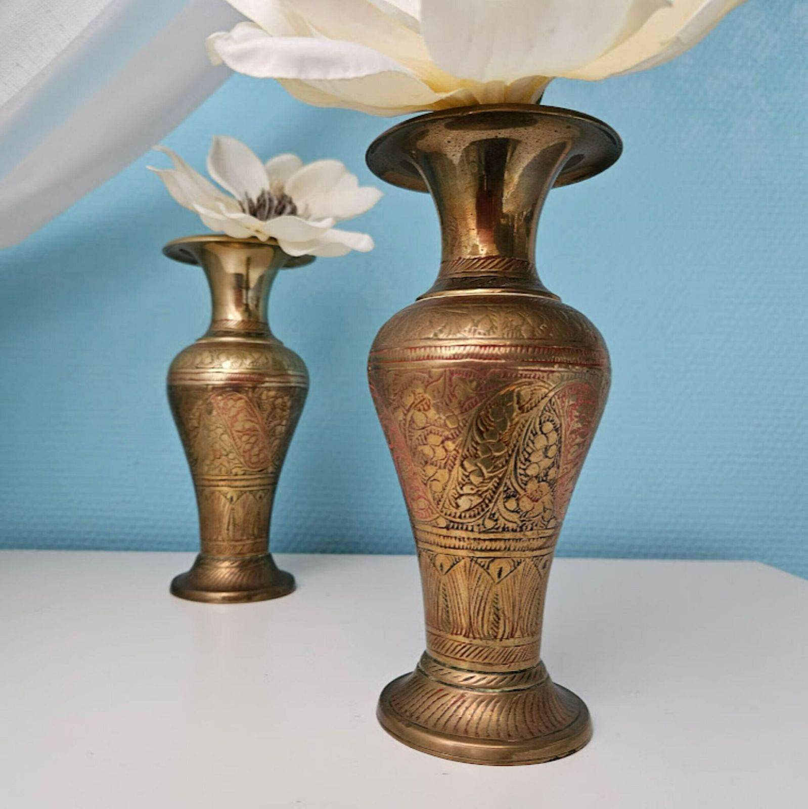 Pair Of Gold Vases Engraved Brass 7" , New Home Gift, Brass Anniversary Gift, Asian Brass Vases, Oriental India Vases photo furniture