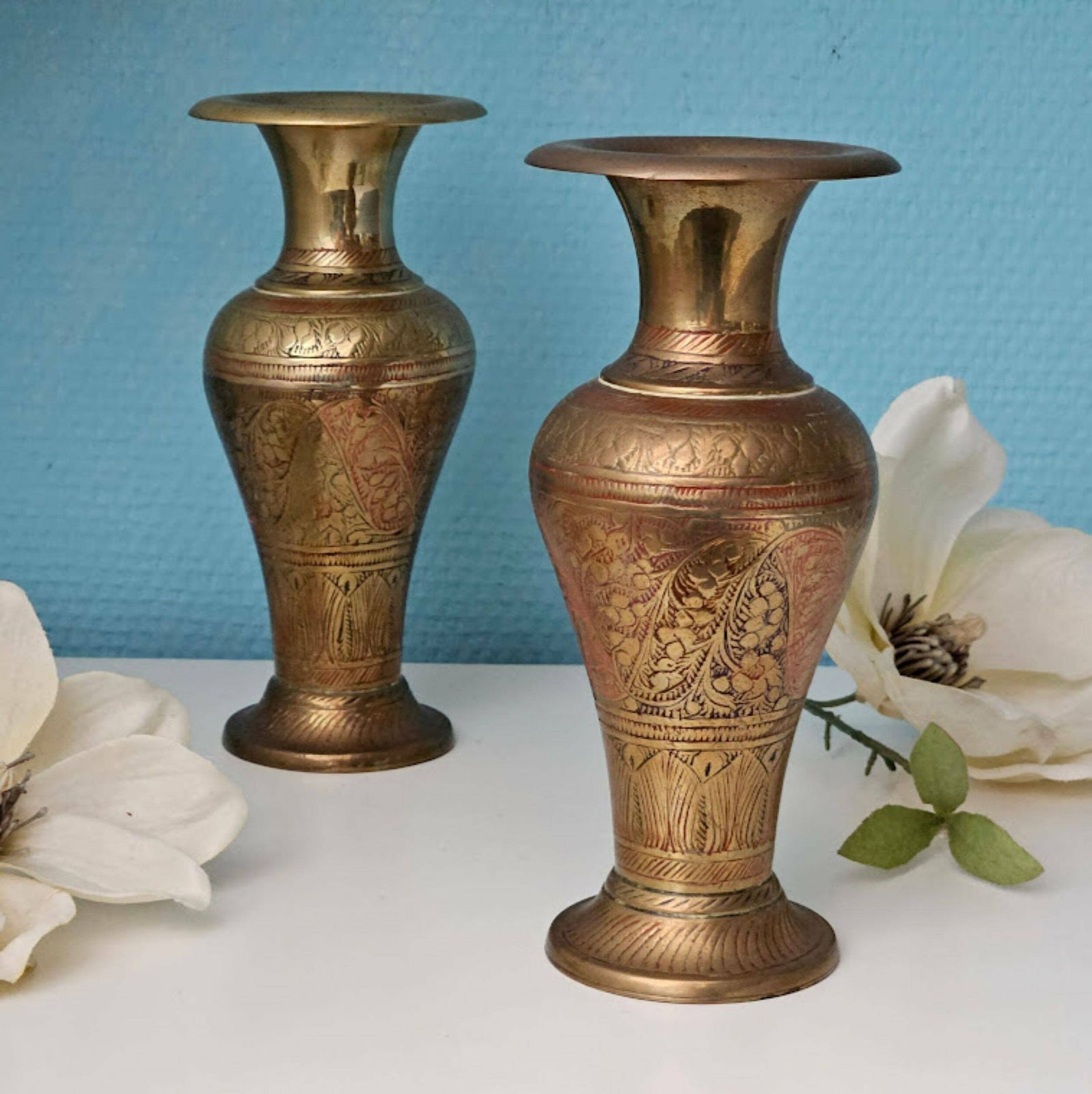 Pair Of Gold Vases Engraved Brass 7" , New Home Gift, Brass Anniversary Gift, Asian Brass Vases, Oriental India Vases photo for sale