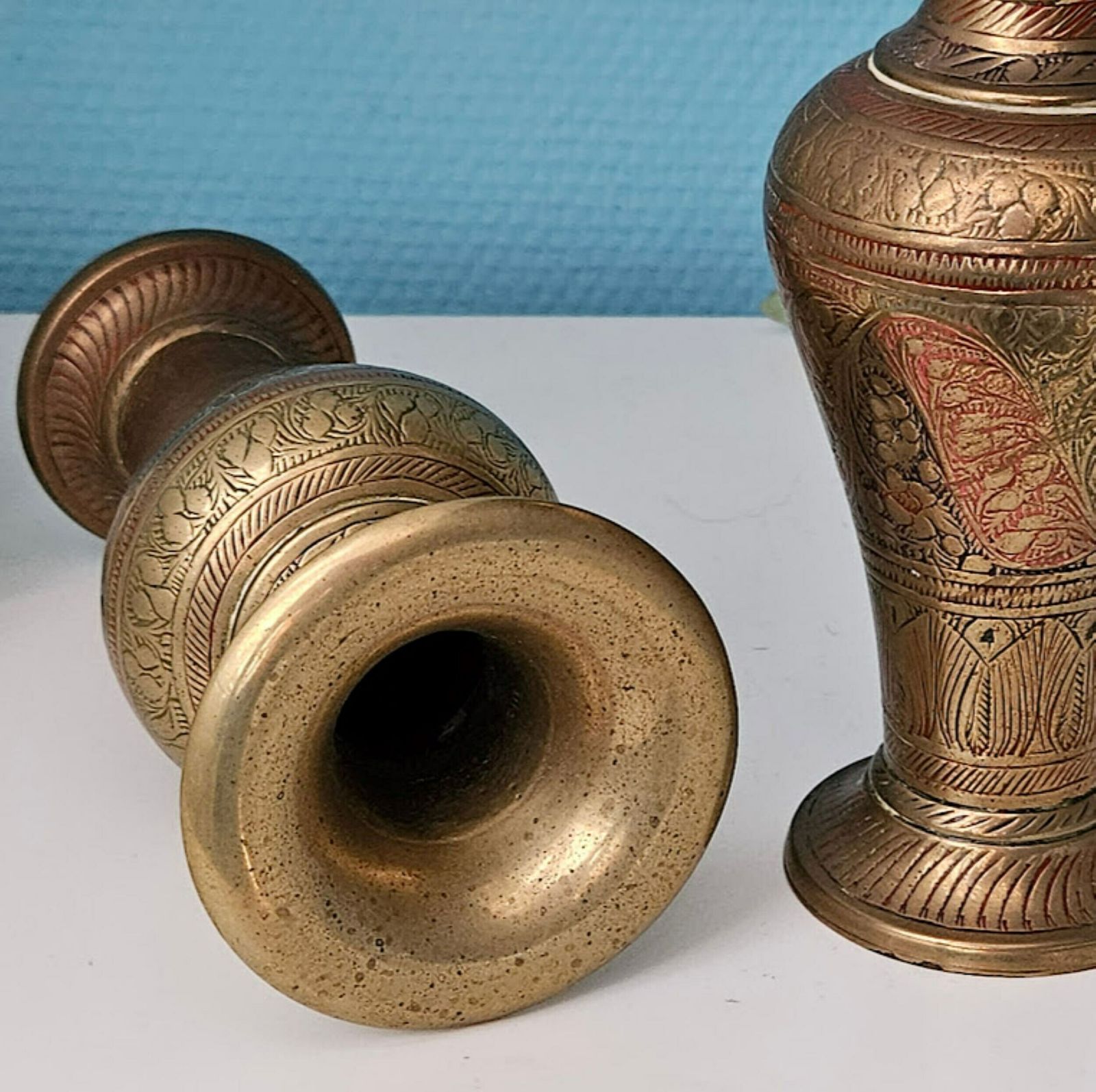 Pair Of Gold Vases Engraved Brass 7" , New Home Gift, Brass Anniversary Gift, Asian Brass Vases, Oriental India Vases photo 83.0