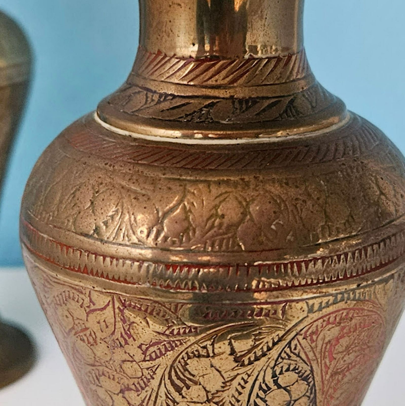 Pair Of Gold Vases Engraved Brass 7" , New Home Gift, Brass Anniversary Gift, Asian Brass Vases, Oriental India Vases photo buy