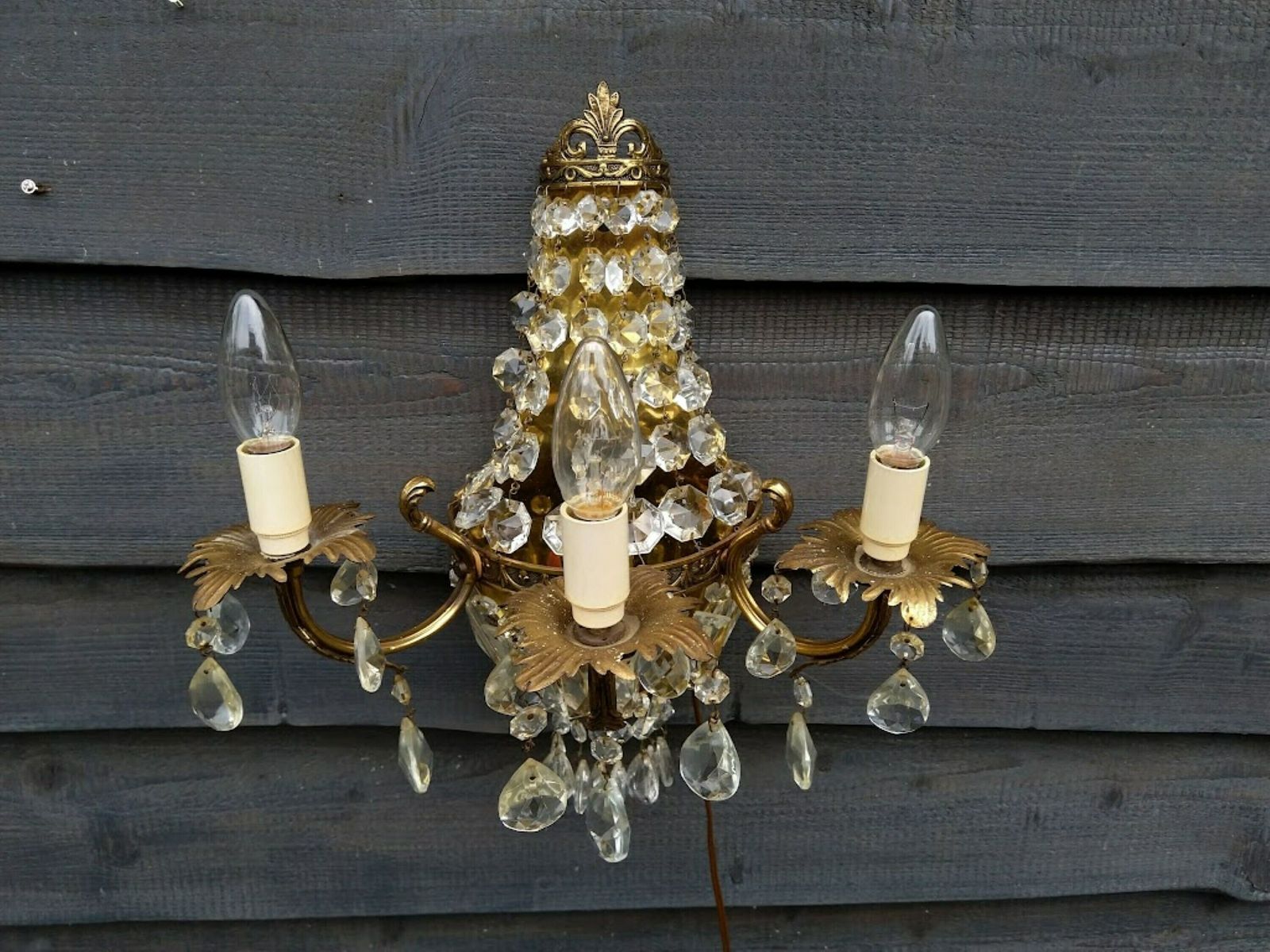 Large Crystal Wall Sconce French Empire Style Montgolfier 3 Arms, Vintage French Wall Light, Crystal And Brass Wall Lamp photo vintage