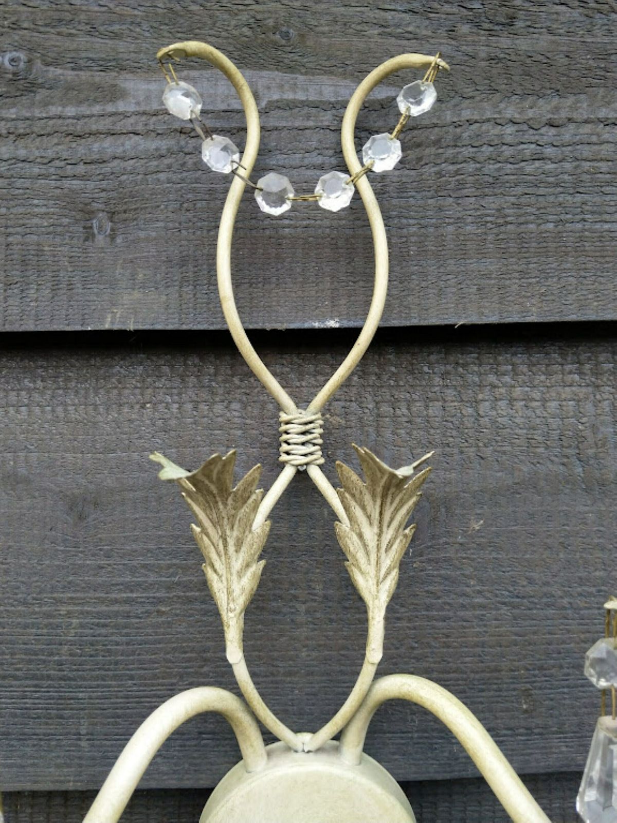 Pair Of Italian Tole White Sconces With Leaves And Crystals, Wall Lamps With Long Cord, Dimmer, Switch And Plug photo Lighting