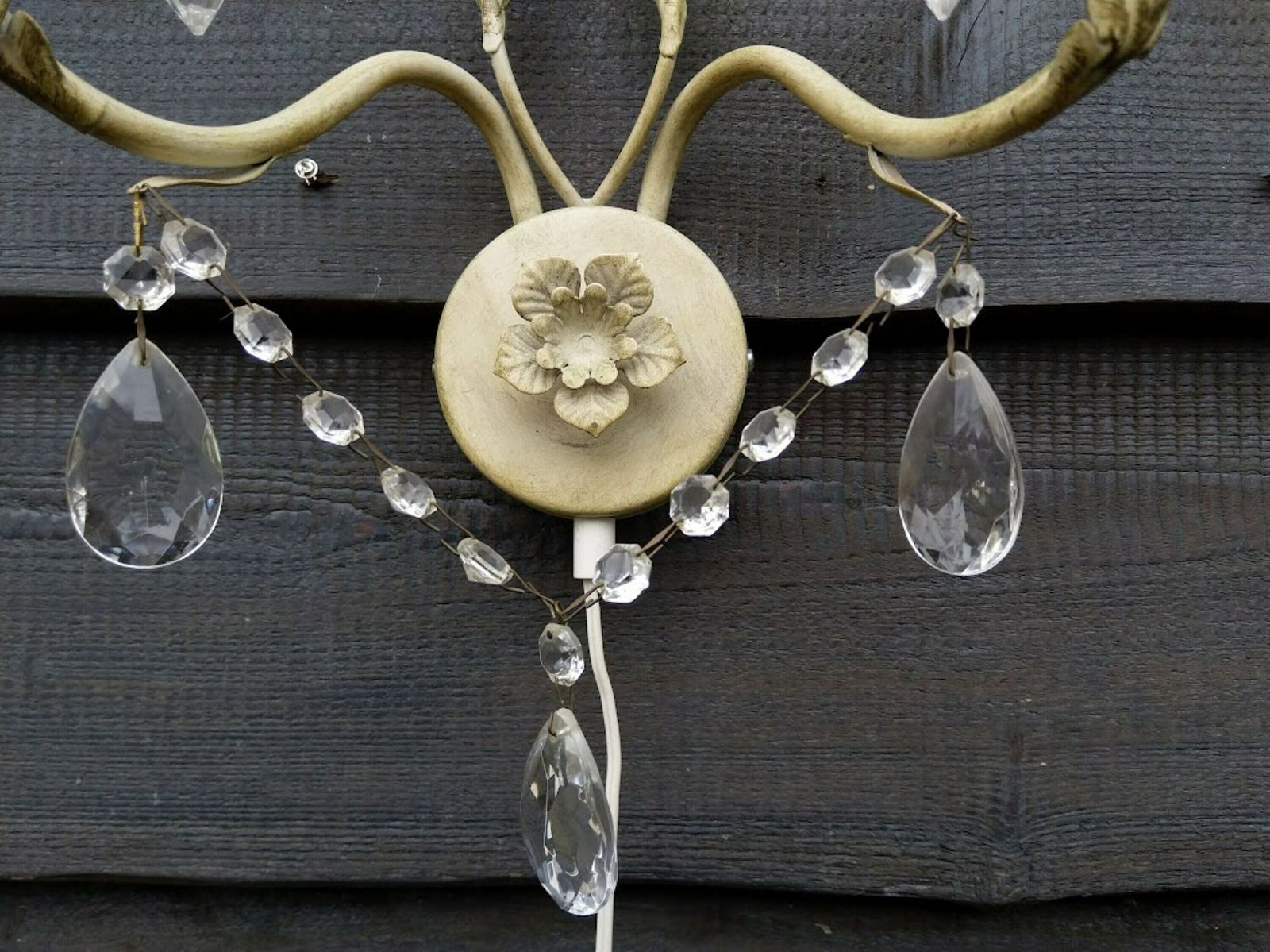 Pair Of Italian Tole White Sconces With Leaves And Crystals, Wall Lamps With Long Cord, Dimmer, Switch And Plug photo 296.0