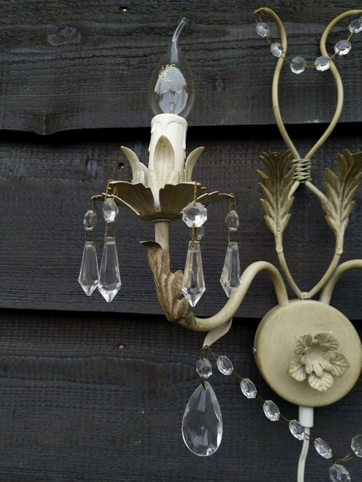 Pair Of Italian Tole White Sconces With Leaves And Crystals, Wall Lamps With Long Cord, Dimmer, Switch And Plug photo vinterior